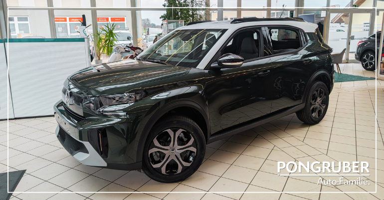 Der neue Citroën C3 Aircross in sportlichem Design, vor dem Autohaus Pongruber Auto-Familie geparkt.