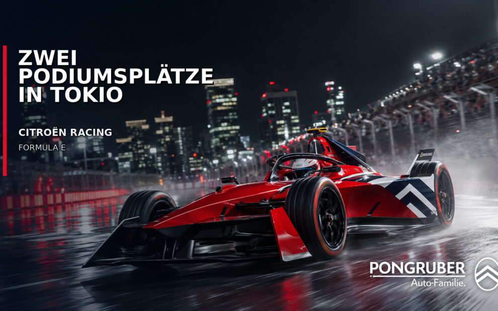 Roter Citroën Racing Formel-E-Rennwagen auf einer nächtlichen Rennstrecke in Tokio