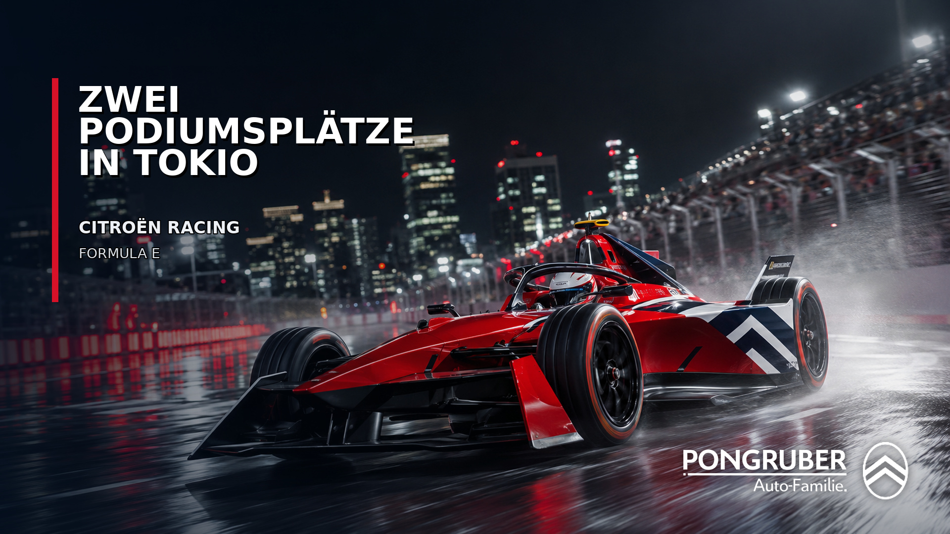 Roter Citroën Racing Formel-E-Rennwagen auf einer nächtlichen Rennstrecke in Tokio