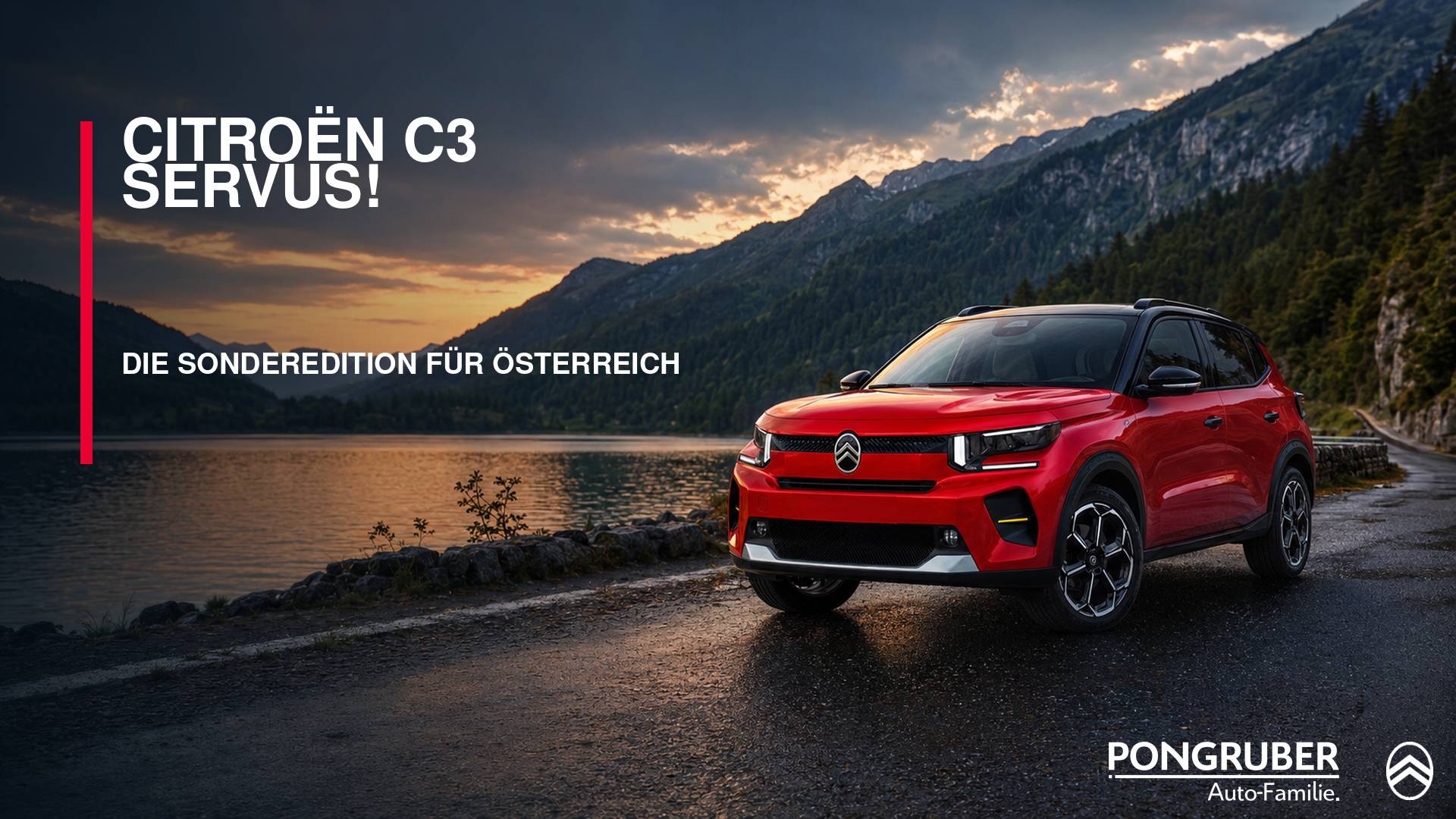 Citroën C3 SERVUS! – österreichische Sonderedition ab € 17.990,-

Kompakt, komfortabel und bereit für den Alltag: Mit dem Citroën C3 SERVUS! präsentiert Citroën eine attraktive Sonderedition speziell für Österreich.

Das ausdrucksstarke Polsterungspaket Metropolitan Grey, die Citroën Advanced Comfort® Sitze und eine umfangreiche Komfortausstattung machen den C3 SERVUS! zu einem idealen Begleiter für Stadt, Land und längere Ausfahrten.

Bei Finanzierung und Versicherung ist der Citroën C3 SERVUS! Turbo 100 aktuell bereits ab € 17.990,- erhältlich.
<h2>Das aktuelle SERVUS!-Angebot</h2>
Citroën C3 SERVUS! Turbo 100

Aktionspreis ab € 17.990,-
bei Finanzierung und Versicherung*

Der Aktionspreis beinhaltet:
<ul>
 	<li>€ 2.000,- Aktionsbonus</li>
 	<li>€ 1.500,- Eintauschbonus</li>
 	<li>€ 500,- Treuebonus</li>
 	<li>€ 500,- Finanzierungsbonus</li>
 	<li>€ 500,- Versicherungsbonus</li>
</ul>
<h2>Komfort, den man jeden Tag spürt</h2>
Das Polsterungspaket Metropolitan Grey ist nicht nur ein optisches Highlight. Es beinhaltet auch die besonders komfortablen Citroën Advanced Comfort® Sitze.

Zusätzlichen Komfort bieten:
<ul>
 	<li>Sitzheizung für die Vordersitze</li>
 	<li>Klimaautomatik</li>
 	<li>komfortable Advanced Comfort® Sitze</li>
 	<li>großzügiges Platzangebot</li>
 	<li>Kofferraum mit bis zu 300 Litern Fassungsvermögen</li>
</ul>
Trotz seiner kompakten Abmessungen bietet der Citroën C3 einen überraschend geräumigen Innenraum. Damit eignet er sich sowohl für den täglichen Stadtverkehr als auch für Ausflüge und Urlaubsfahrten.
<h2>Drei unterschiedliche Antriebsvarianten</h2>
Der Citroën C3 SERVUS! ist mit drei unterschiedlichen Antrieben verfügbar:
<ul>
 	<li>Turbo 100 mit manuellem Getriebe</li>
 	<li>Hybrid 110 mit Automatikgetriebe</li>
 	<li>Elektro 113 mit bis zu 326 Kilometern WLTP-Reichweite</li>
</ul>
So können Sie selbst entscheiden, welcher Antrieb am besten zu Ihrem Alltag und Ihrem Fahrprofil passt.
<h2>Citroën We Care – bis zu 8 Jahre sorgenfrei unterwegs</h2>
Auch beim Citroën C3 profitieren Sie vom Citroën We Care Garantieprogramm. Dieses wird nach einem Werkstattbesuch bei einem teilnehmenden autorisierten Citroën Partner aktiviert und gilt bis zum nächsten planmäßigen Wartungstermin – für maximal acht Jahre beziehungsweise 160.000 Kilometer ab Beginn der Neuwagengarantie.
<h2>Jetzt den Citroën C3 SERVUS! Probe fahren</h2>
Am besten lernen Sie den besonderen Komfort des Citroën C3 SERVUS! bei einer persönlichen Probefahrt kennen.

Unser Verkaufsteam informiert Sie gerne über die verfügbaren Antriebe, Ausstattungen sowie Finanzierungs- und Versicherungsmöglichkeiten.

Jetzt Termin vereinbaren und einsteigen!

&nbsp;

<em>Stand Juli 2026. Aktionspreis € 17.990,- für den Citroën C3 SERVUS! Turbo 100. Der Preis beinhaltet € 2.000,- Aktionsbonus, € 1.500,- Eintauschbonus, € 500,- Treuebonus, € 500,- Finanzierungsbonus bei Finanzierung über die Stellantis Bank SA sowie € 500,- Versicherungsbonus beim Abschluss eines Versicherungs-Vorteilssets, bestehend aus Kfz-Haftpflicht-, Kasko- und Insassenunfallversicherung der GARANTA Versicherungs-AG Österreich. Mindestlaufzeit der Finanzierung: 36 Monate. Gültig für Konsumenten bei Kauf eines Neuwagens bis 31.07.2026. Verbrauch kombiniert: 5,5–5,6 l/100 km; CO₂-Emissionen kombiniert: 125–127 g/km. Werte gemäß WLTP. Weitere Details bei der Pongruber Auto-Familie. Symbolfoto. Druck- und Satzfehler vorbehalten.</em>Unser Vertriebsteam steht bei Fragen gerne unter <a href="tel:+43662480067">+43 662 480067</a> – oder schick uns einfach ein Mail an <a href="mailto:verkauf@pongruber.at">verkauf@pongruber.at </a>

&nbsp;

<strong>Wir freuen uns auf Ihre Anfrage!</strong>
