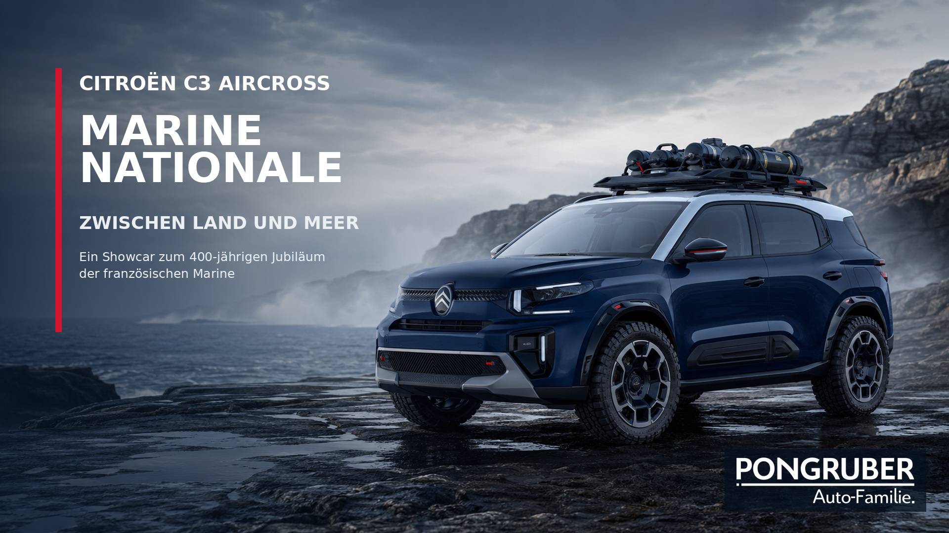 
<p class="PDq2pG_selectionAnchorContainer" data-start="463" data-end="740">Manchmal zeigt ein Showcar nicht nur, was technisch und gestalterisch möglich ist. Es erzählt eine ganze Geschichte. Der Citroën C3 Aircross Marine Nationale ist genau so ein Fahrzeug: kraftvoll, eigenständig und bis ins Detail von der Welt der französischen Marine inspiriert.</p>
<p data-start="742" data-end="1112">Anlässlich des 400-jährigen Bestehens der Marine Nationale haben die Teams von Citroën Design und der französischen Marine gemeinsam eine besonders robuste und abenteuerorientierte Interpretation des neuen C3 Aircross entwickelt. Das Ergebnis ist ein außergewöhnliches Konzeptfahrzeug, das Teamgeist, Schutz, Innovation und den Dienst an der Gesellschaft sichtbar macht.</p>

<h3 data-section-id="z6k5pb" data-start="1114" data-end="1157">Robuster Auftritt mit maritimen Details</h3>
<p data-start="1159" data-end="1391">Schon auf den ersten Blick zeigt der C3 Aircross Marine Nationale seinen besonderen Charakter. Neu gestaltete Stoßfänger, verbreiterte Radkästen und 17-Zoll-Räder mit markanter Geländebereifung sorgen für einen kraftvollen Auftritt.</p>
<p data-start="1393" data-end="1658">Viele Details greifen die Welt der Schifffahrt auf: Die speziellen Nebelscheinwerfer erinnern an Morselampen, die Abschlepphaken sind optisch an Bootsanlegeklampen angelehnt und der funktionale Dachgepäckträger wurde für die Ausrüstung von Marinetauchern gestaltet.</p>
<p data-start="1660" data-end="1775">Gezielte Akzente in der typischen Citroën Farbe „Infra Red“ unterstreichen den funktionalen Charakter des Showcars.</p>

<h3 data-section-id="1fiul4t" data-start="1777" data-end="1827">Farben zwischen Ozean, Schiffsrumpf und Gischt</h3>
<p data-start="1829" data-end="2042">Auch das Farbkonzept folgt der maritimen Idee. Die Karosserie in tiefem Sturmblau erinnert an den Ozean. Das hellgraue Dach greift die Farbstimmung von Schiffsrümpfen, Meeresgischt und dem Himmel an der Küste auf.</p>
<p data-start="2044" data-end="2162">Jubiläumsgrafiken und eine Trikolore mit Anker verweisen dezent auf das 400-jährige Bestehen der französischen Marine.</p>

<h3 data-section-id="nl29df" data-start="2164" data-end="2199">Innenraum mit U-Boot-Atmosphäre</h3>
<p data-start="2201" data-end="2402">Auch im Innenraum wird die maritime Geschichte konsequent fortgesetzt. Bei Dunkelheit taucht eine rote Beleuchtung das Cockpit in eine Atmosphäre, die an das Nachtlicht an Bord eines U-Bootes erinnert.</p>
<p data-start="2404" data-end="2618">Hellgraue Sitzstoffe reflektieren das rote Licht und verstärken den außergewöhnlichen Raumeindruck. Jubiläumslogos auf den Vordersitzen sowie eine blau-weiß-rote Zierleiste runden das besondere Innenraumkonzept ab.</p>

<h3 data-section-id="1455eir" data-start="2620" data-end="2661">Der C3 Aircross als vielseitige Basis</h3>
<p data-start="2663" data-end="2915">Die Wahl des C3 Aircross ist kein Zufall: Mit 4,40 Metern Länge, großzügigem Platzangebot für bis zu sieben Personen und unterschiedlichen Antriebsmöglichkeiten bildet der kompakte SUV eine vielseitige Basis für dieses außergewöhnliche Konzeptfahrzeug.</p>
<p data-start="2917" data-end="3129">Der C3 Aircross Marine Nationale bleibt ein Showcar und ist in dieser Form nicht als Serienmodell erhältlich. Er zeigt jedoch eindrucksvoll, wie emotional, funktional und mutig modernes Automobildesign sein kann.</p>

<h3 data-section-id="1ljm87c" data-start="3131" data-end="3168">Lust auf den Citroën C3 Aircross?</h3>
<p data-start="3170" data-end="3290">Das Showcar ist eine faszinierende Vision – den neuen Citroën C3 Aircross können Sie bereits heute bei uns kennenlernen.</p>
<p data-start="3292" data-end="3429">Das Team der Pongruber Auto-Familie informiert Sie gerne persönlich über die verfügbaren Modelle, Antriebe und Ausstattungsmöglichkeiten.</p>
<p data-start="3431" data-end="3478"><strong data-start="3431" data-end="3478">Jetzt Beratung oder Probefahrt vereinbaren!</strong></p>
<p data-start="3480" data-end="3608"><a class="decorated-link" href="https://www.pongruber.at/citroen-neuwagen-salzburg-jetzt-bei-pongruber-entdecken/?utm_source=chatgpt.com" target="_new" rel="noopener" data-start="3480" data-end="3608">Citroën C3 Aircross bei Pongruber entdecken</a></p>
<p data-start="3610" data-end="3864"><em data-start="3610" data-end="3864">Hinweis: Beim Citroën C3 Aircross Marine Nationale handelt es sich um ein Konzeptfahrzeug. Verbrauchsangaben liegen seitens des Herstellers nicht vor. Die verwendeten Kampagnenbilder sind kreative Visualisierungen und zeigen nicht das Originalfahrzeug.</em></p>

<h3 data-section-id="1vxl6gy" data-start="3866" data-end="3883">Quellenangabe</h3>
<p data-start="3885" data-end="3968">Quelle: Citroën Österreich / Stellantis Media, Presseinformation vom 26. Juni 2026.</p>
<p data-start="3970" data-end="4169"><a class="decorated-link" href="https://www.media.stellantis.com/at-de/citroen/press/citroen-c3-aircross-marine-nationale-showcar-zum-400-jaehrigen-jubilaeum-der-franzoesischen-marine-26062026?utm_source=chatgpt.com" target="_new" rel="noopener" data-start="3970" data-end="4169">Offizielle Presseinformation öffnen</a></p>
Unser Vertriebsteam steht bei Fragen gerne unter <a href="tel:+43662480067">+43 662 480067</a> – oder schick uns einfach ein Mail an <a href="mailto:verkauf@pongruber.at">verkauf@pongruber.at </a>

&nbsp;

<strong>Wir freuen uns auf Ihre Anfrage!</strong>